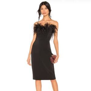 LPA Aurora Dress in Black Strapless Feather Trim Cocktail NWT Size Small